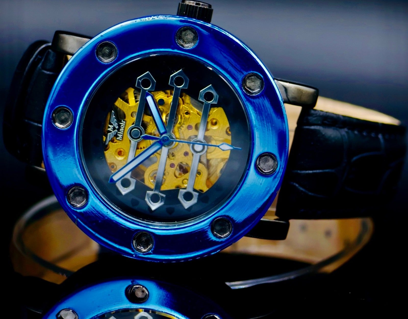 Minoir Herren Uhr Automatik Armbanduhr Blau Schwarz Minoir Herrenuhr Lederband1