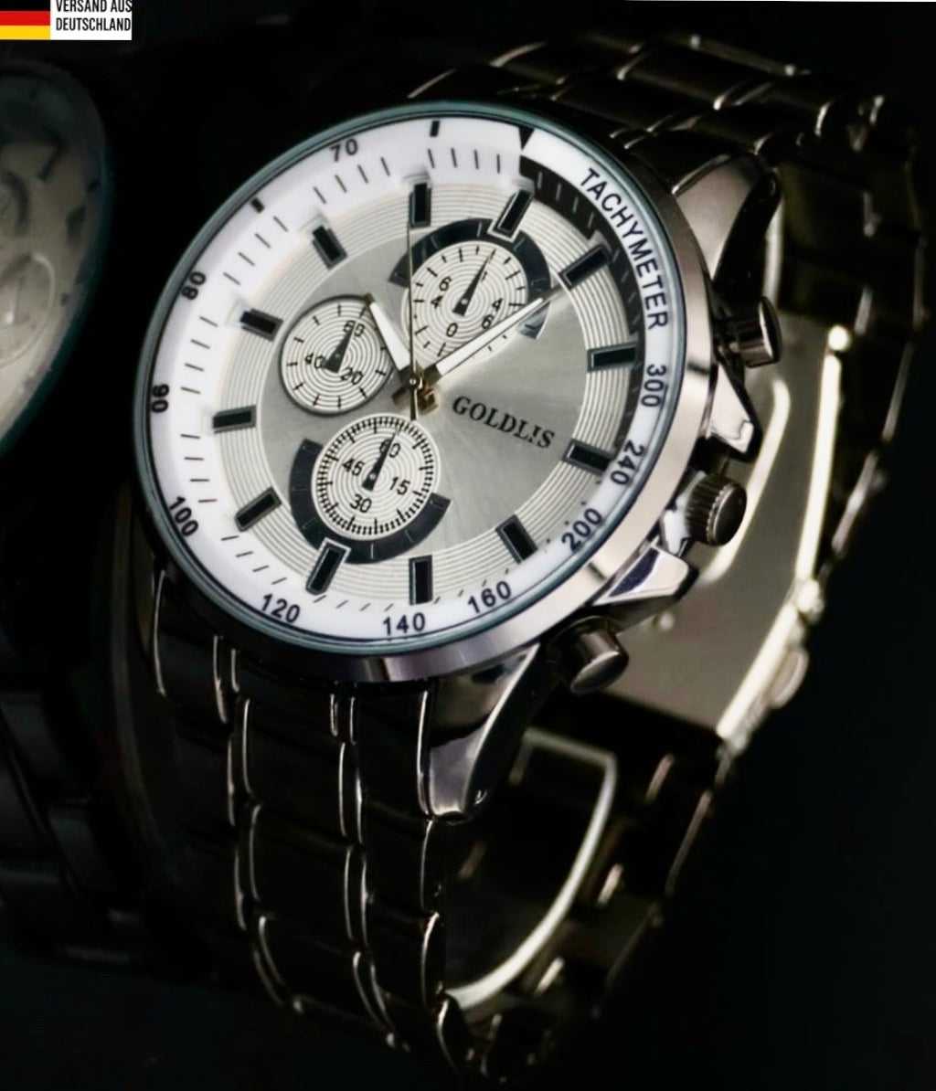 XL Herren Armband Männer Uhr  Schwarz Silber Farben Chrono Look Quarz *NEU * 470