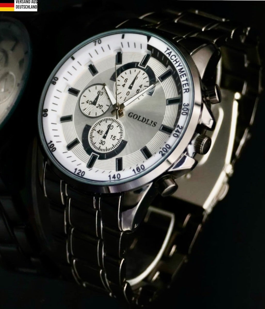 XL Herren Armband Männer Uhr  Schwarz Silber Farben Chrono Look Quarz *NEU * 470