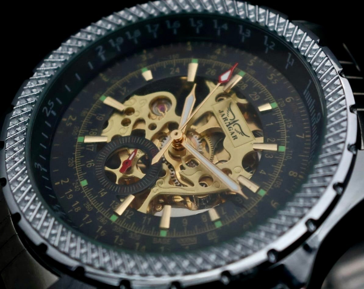 XXL JARAGAR Automatik Armband Uhr Herrenuhr Schwarz mit offener Unruh Glasboden0