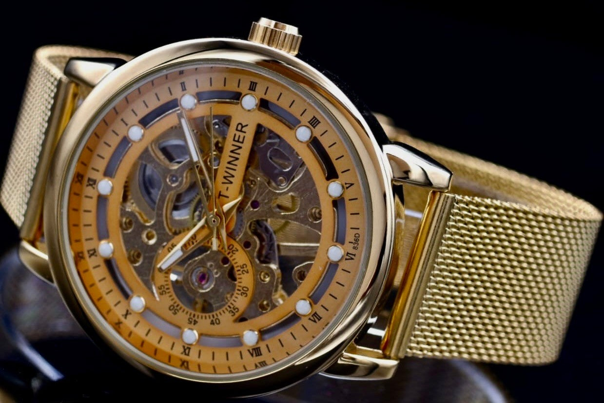 Winner Herren Automatikuhr Gold Mechanisch Melanaise Armband Skelett Uhr Neu1