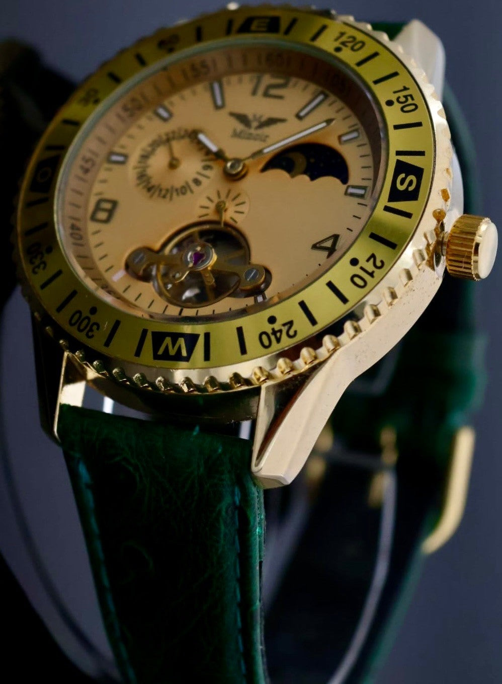 Mega Edle Herren Uhr Automatik Armbanduhr Minoir Herrenuhr mit grünem Lederband0