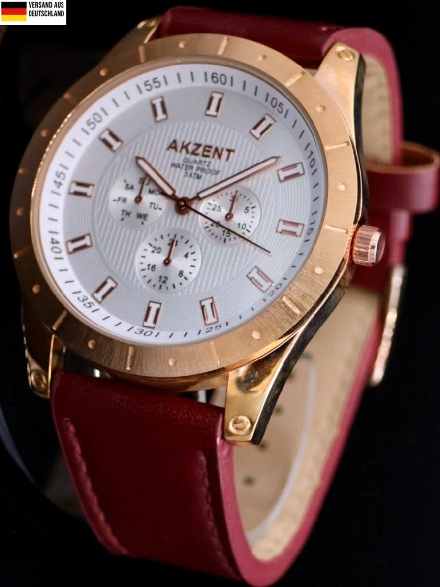 Akzent Herren Männer Armband Uhr Weiß Gold Farben Damenuhr Chrono-Look NEU *0