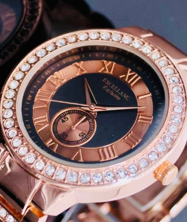 Excellanc Exclusive  Damen  Armband Uhr Schwarz Rosé Farben Damenuhr Strass2