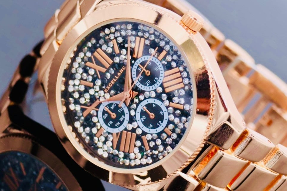 Excellanc  Damen  Armband Uhr Rosé Schwarz Farben Damenuhr Mineralglas2