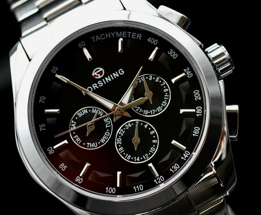 Edle Herren Männer Automatik Uhr Schwarz Silber Farben mit Chronographenfunktion2