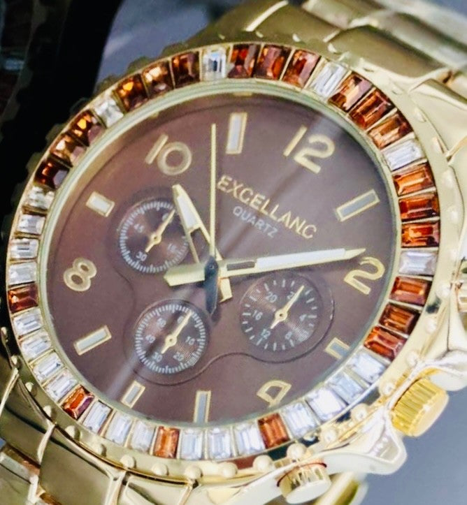 Excellanc Damen Frauen Armband Uhr Braun Gold Farben Damenuhr Chrono-Look Strass2