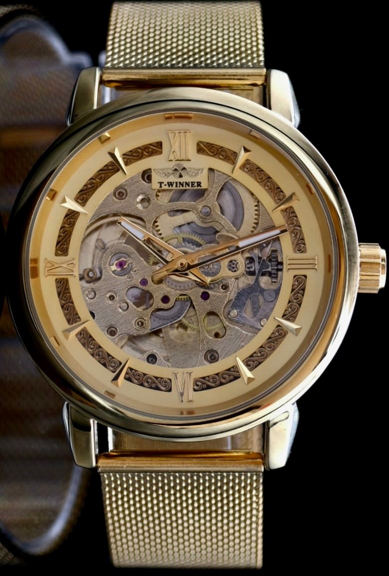 T-Winner Herren Automatikuhr Mechanisch Skelett Uhr Gold Farben Melanaise-Band0