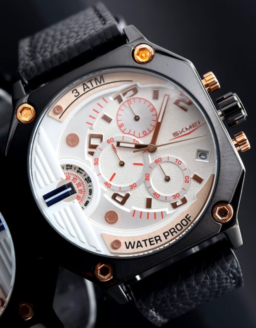 HERRENUHR - SKM - CHRONOGRAPH - STOPPUHR - DATUM - LEDER - SPORT - 48X48MM - NEU0