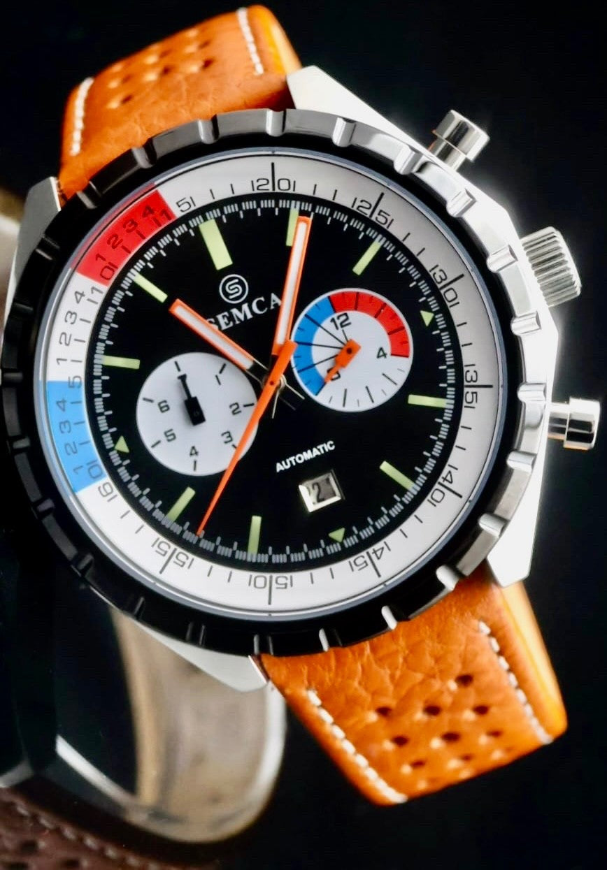 Semca Herrenuhr Herren Automatik Uhr NOS-STYLE Retro Armbanduhr Datum Lederband*1