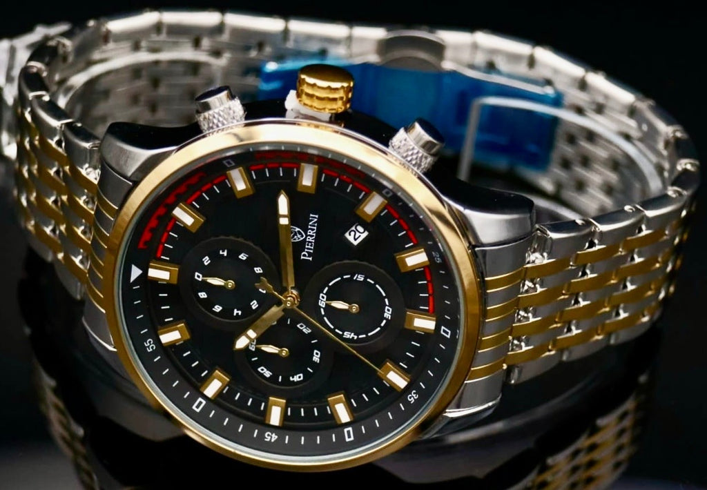 Pierrini Herren Armband Uhr Chronograph Stoppuhr Datum Bicolor Neu mit Box # 730