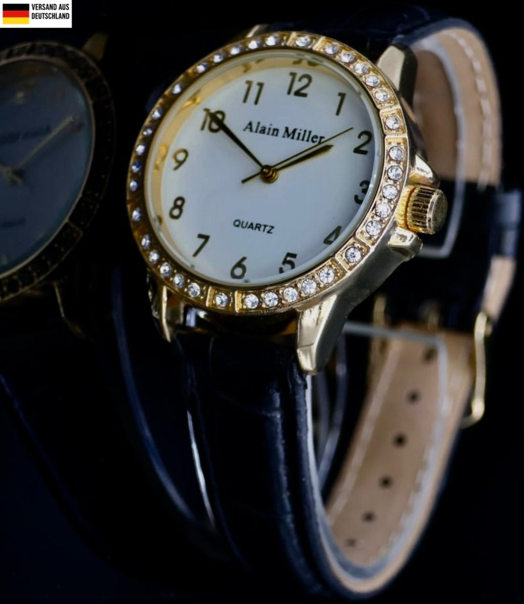 Alain Miller Damen Frauen Armband Uhr Schwarz Gold Farben Damenuhr Crystal 010