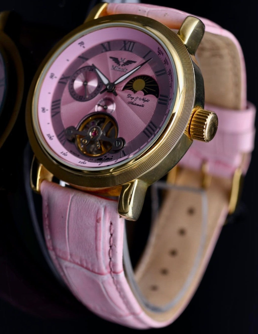 Edle Damen Uhr Automatikuhr Armbanduhr Rosa  Minoir Damenuhr mit offener Unruh1