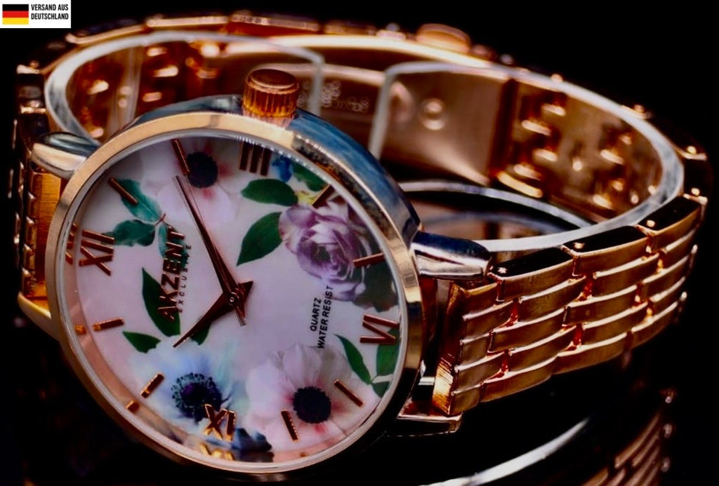 Elegante Akzent Damen Frauen Armband Uhr Rosé Rosa Farben Damenuhr Blumen Muster0