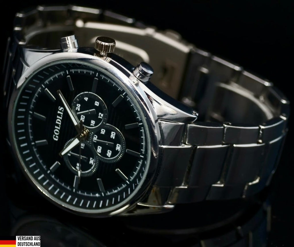 Edle Herren Armband Männer Uhr Schwarz Silber Farben Chrono Look * NEU0