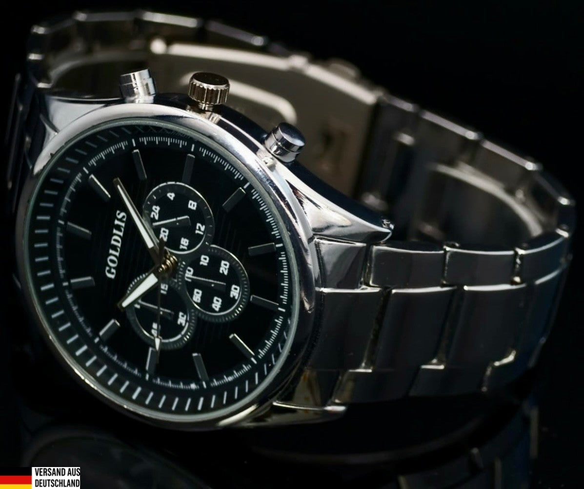 Edle Herren Armband Männer Uhr Schwarz Silber Farben Chrono Look * NEU0