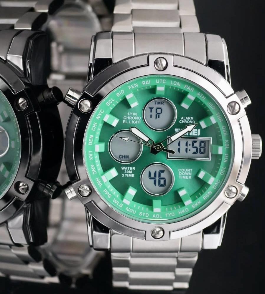 Digital & Analog Herren Männer Uhr Armbanduhr Sport Design Grün Silber 48mm NEU0