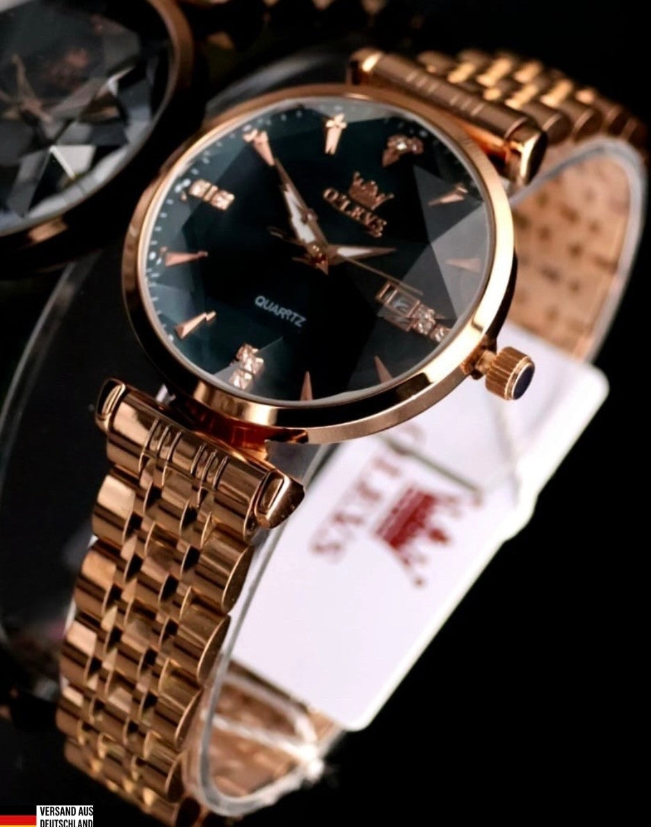 OLEVS Damen Frauen Armband Uhr Crystal Optik mit Strass Besatz Grün Rosé Farben0