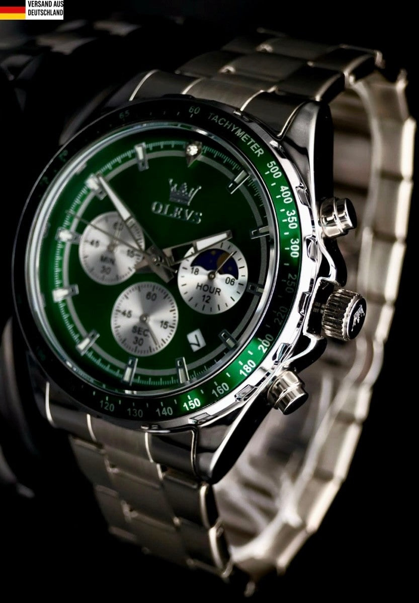 Herren Männer Armband Uhr Chronograph Stoppuhr Datum Silber Grün Farben NEU *0