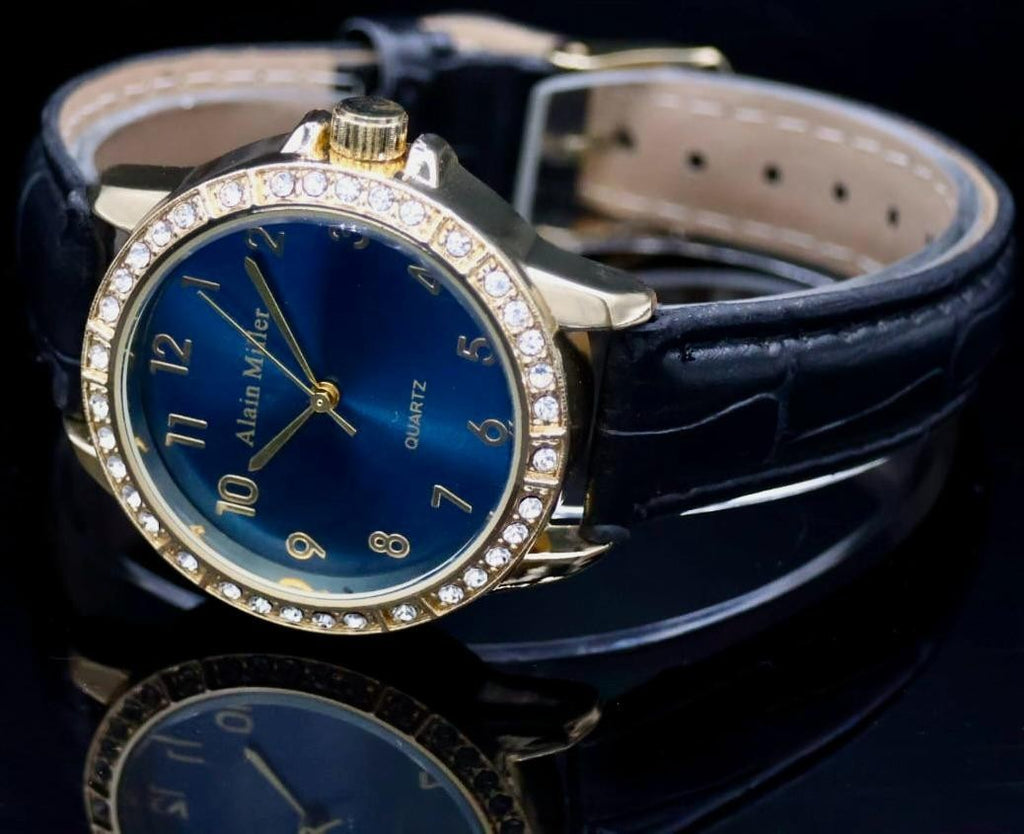 Alain Miller Damen Frauen Armband Uhr Blau Schwarz Farben Damenuhr Crystal 031