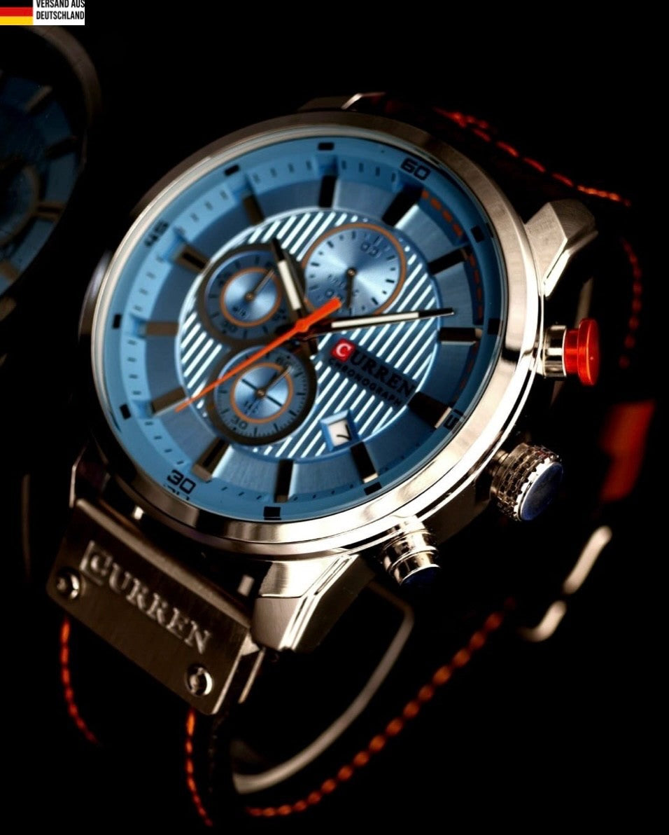 Edle Herren Männer Armband Uhr Chronograph Stoppuhr Datum NEU Blau Braun Farben0