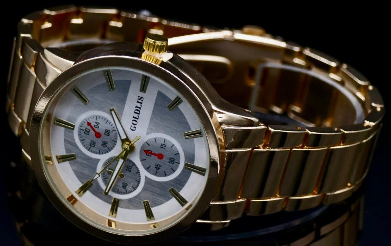 Mega Edle Herren Armband Männer Uhr  Silber Gold Farben Chrono-Look NEU1