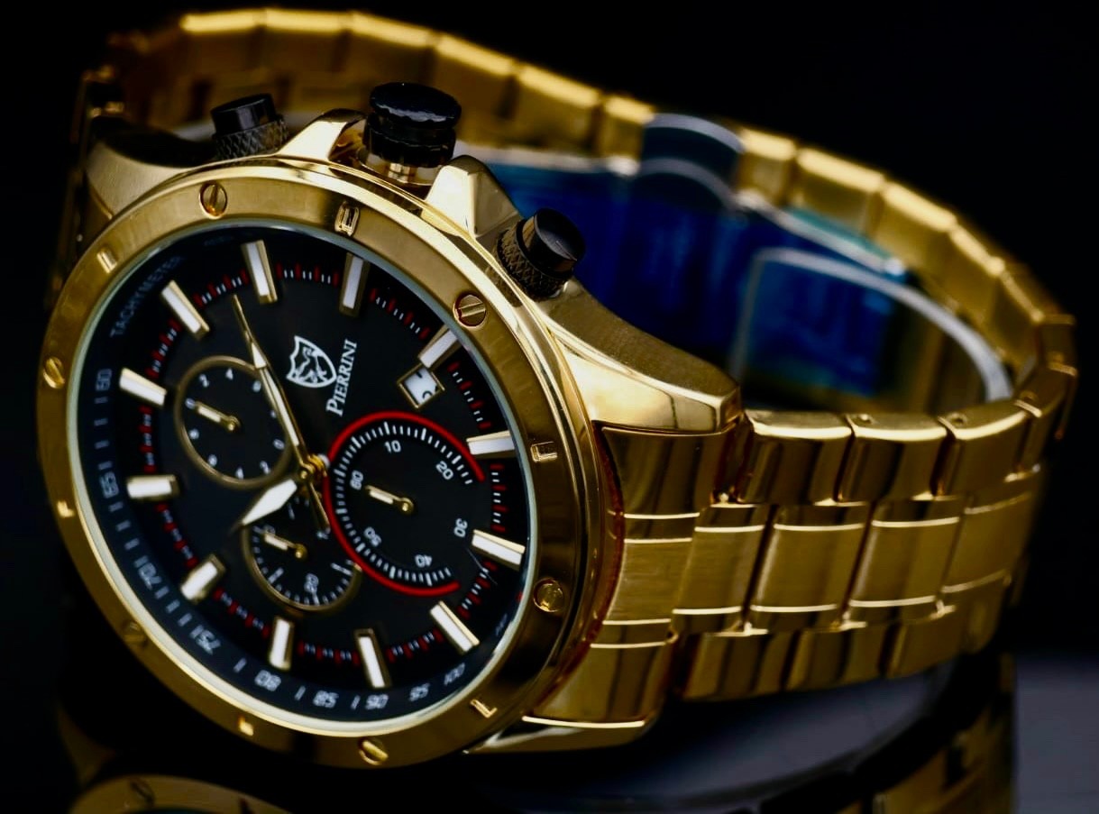 Edle Pierrini Herren Armband Uhr Chronograph Stoppuhr Datum Schwarz Gold Farben1