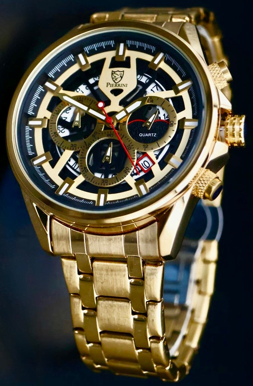 Mega Edle Pierrini Herren Armband Uhr Chronograph Stoppuhr Datum Neu mit Box ***0