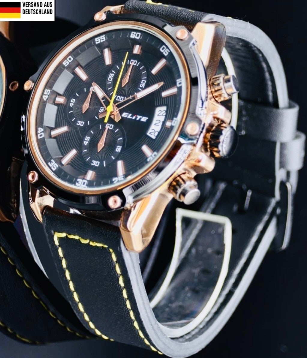 Elite Herren Armband Uhr Chronograph Datum  Schwarz im Flieger Design NEU0