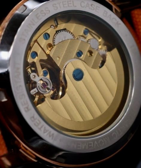 Edle Forsining Damen Automatik Uhr Bronze Rosé mit Crystal Besatz - offene Unruh3