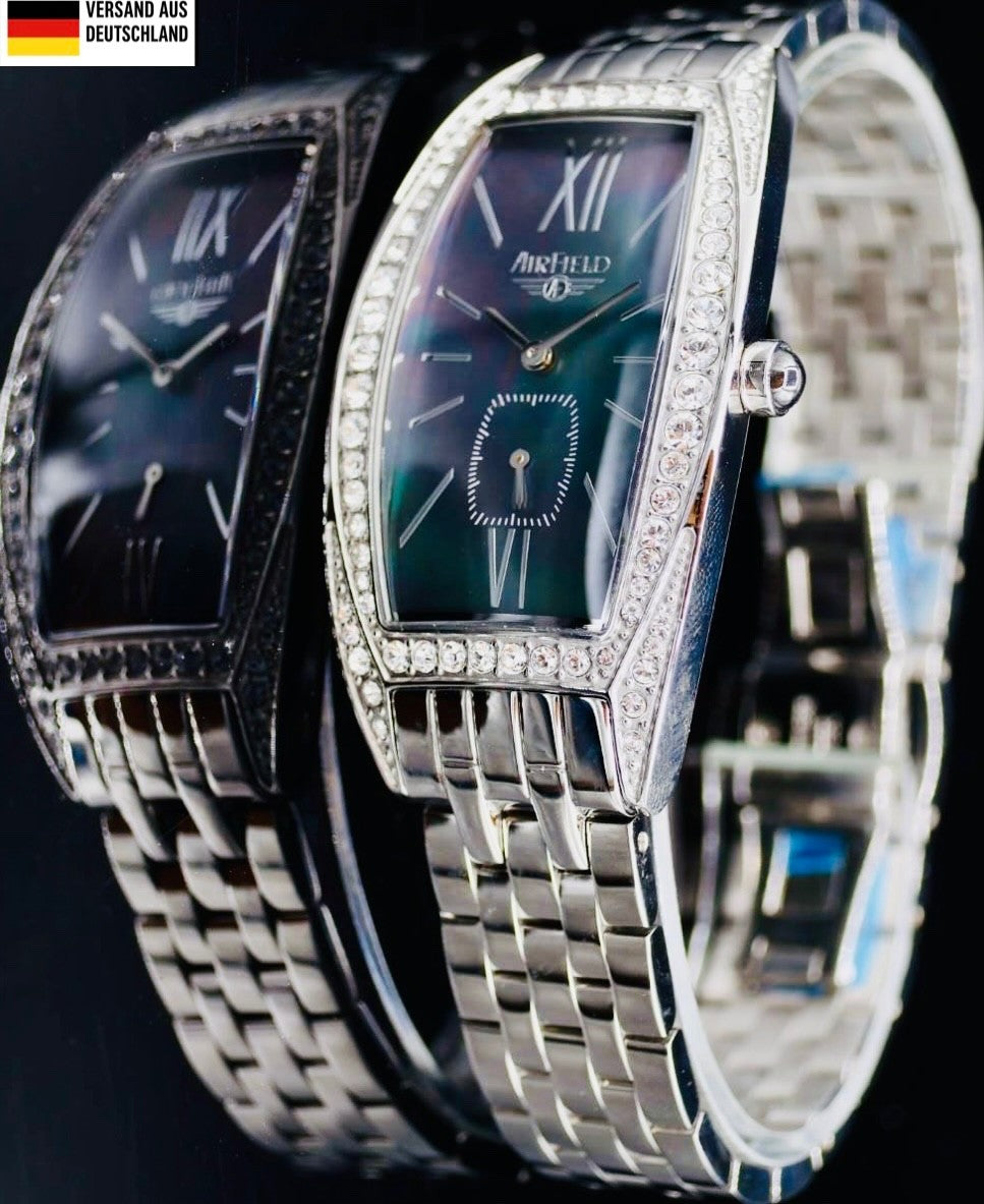 Edle Airfield Damen Armband Uhr Edelstahl dezentrale Sekundenanzeige Strass0