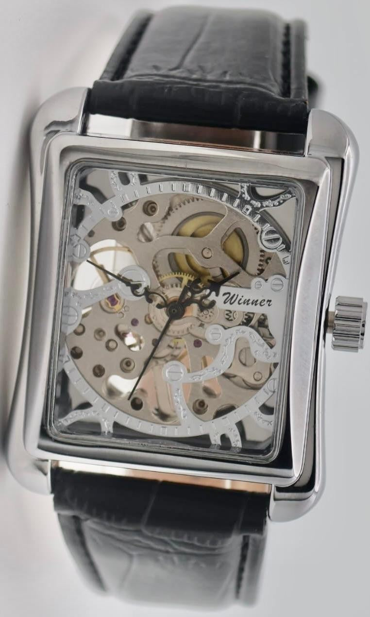 Winner Herren Automatik Uhr SilberFarben Mechanisch Lederband Skelettuhr 34x34mm0