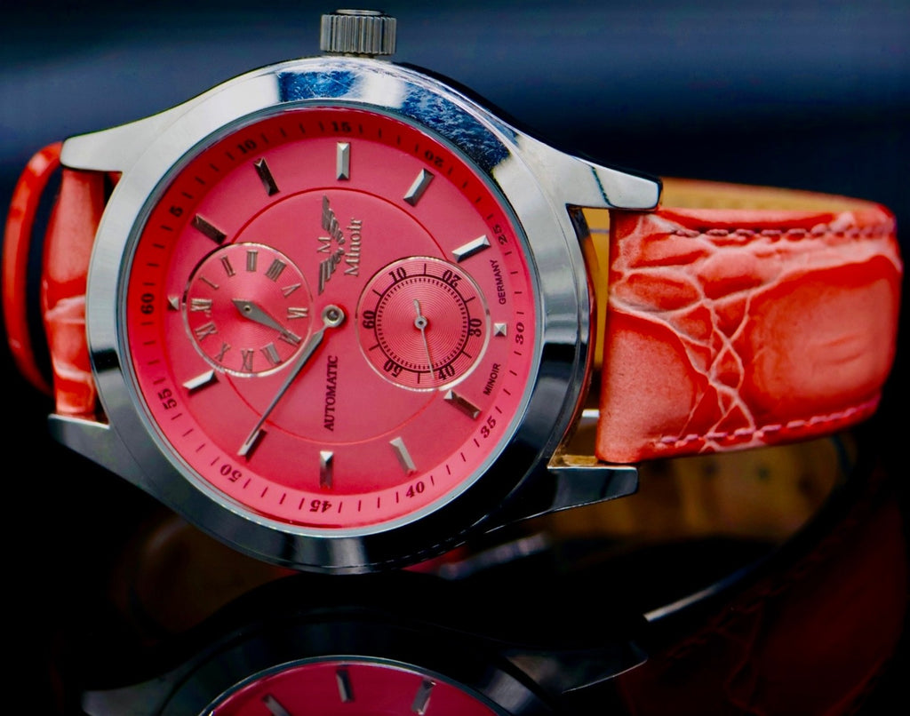 Edle Damen Uhr Automatikuhr Armbanduhr Rosa Farben Minoir Damenuhr mit Lederband1