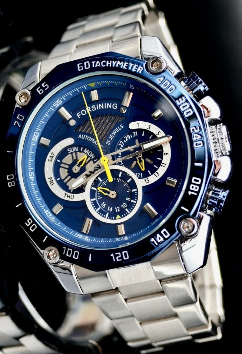 Sportliche Herren Männer Automatik Uhr Blau Silber Farben Kalender Top Design0