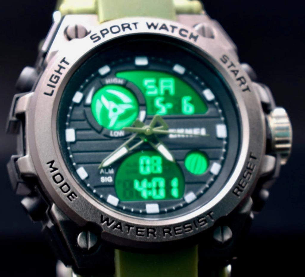 SKM Herrenuhr Digital Analog Uhr Sport Watch Silikonarmband Khaki 46mm Neu1