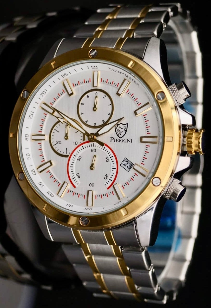 Edle Pierrini Herren Armband Uhr Chronograph Stoppuhr Datum Silber Gold Farben1