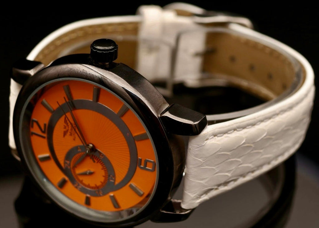 Minoir Herren Uhr Automatik Armbanduhr Orange Weiß Farben Herrenuhr Lederband1