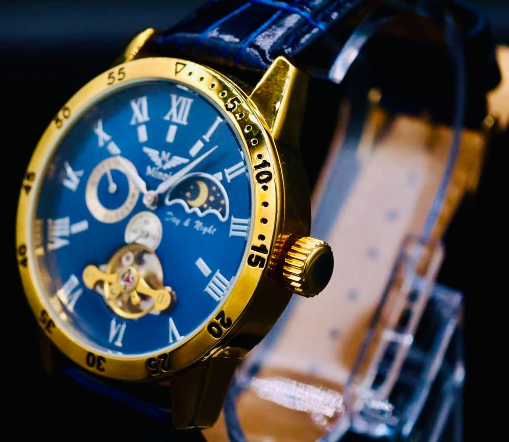 Minoir Herren Uhr Automatikuhr Armbanduhr Gold Blau Farben Herrenuhr Lederband3