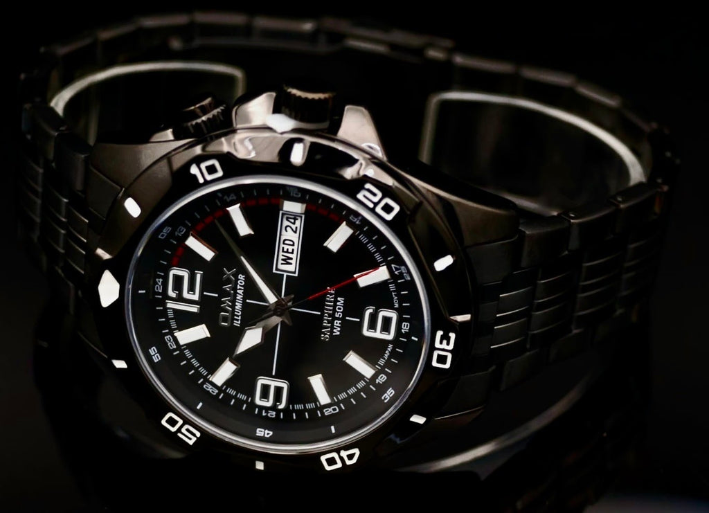 Edle Omax Sapphire ILLUMINATOR   Herren Armband Uhr IP Veredelt Keramik Look Neu0