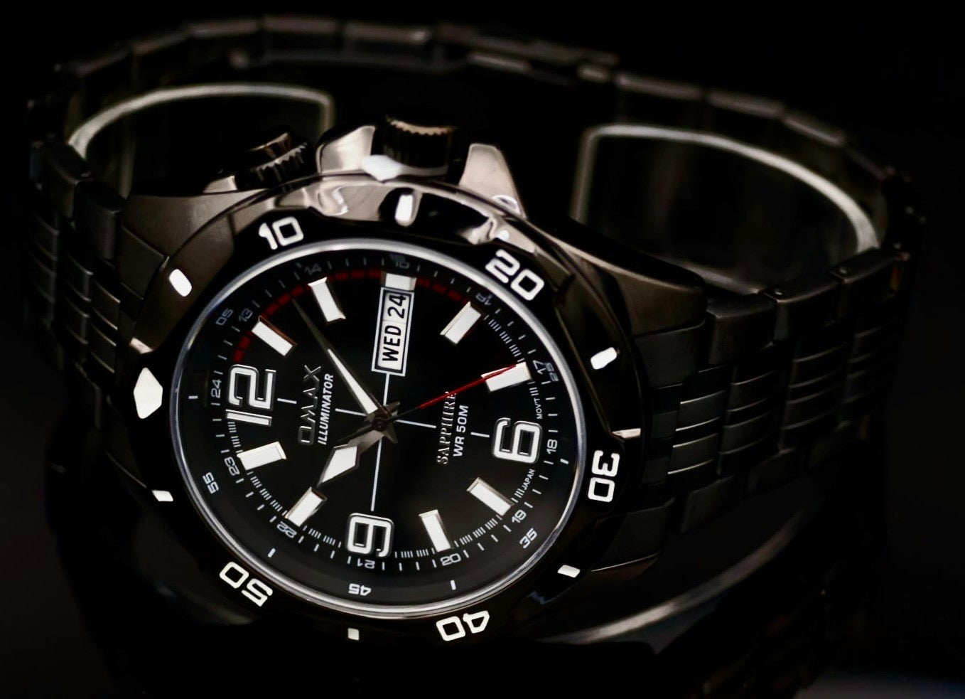 Edle Omax Sapphire ILLUMINATOR   Herren Armband Uhr IP Veredelt Keramik Look Neu0