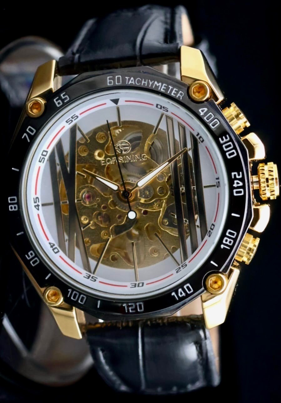 FORSINING Herren Automatik Skelett Uhr Schwarz Gold Leder Leuchtzeiger 46mm Neu0