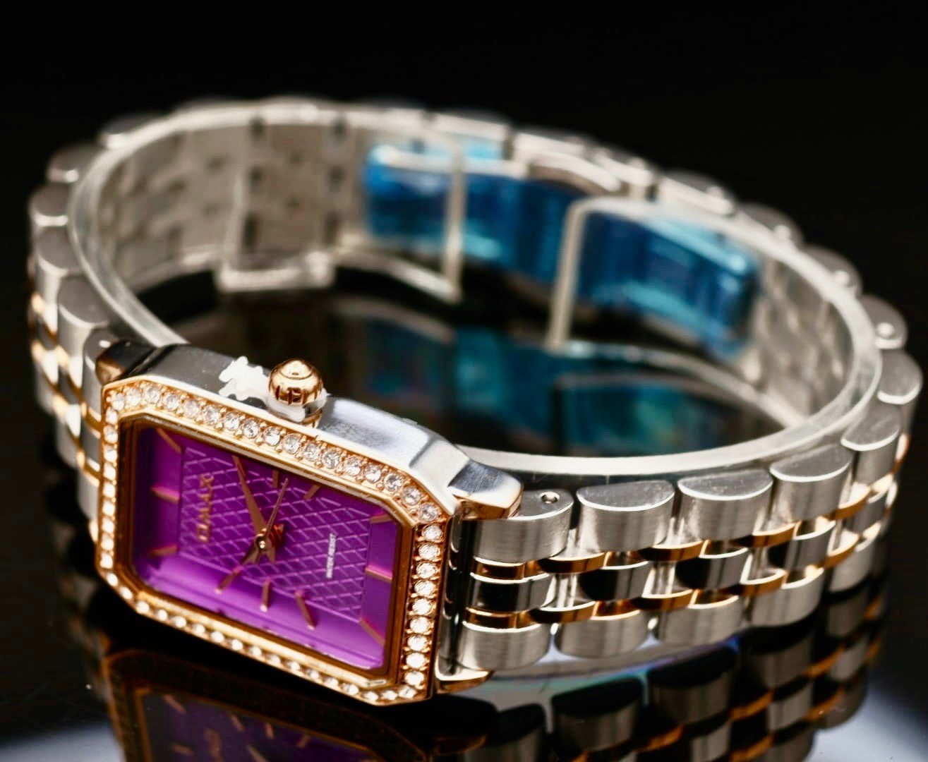 Mega Edle Omax Damen Armband Uhr  Bicolor Damenuhr Strass IP Veredelt * NEU*2