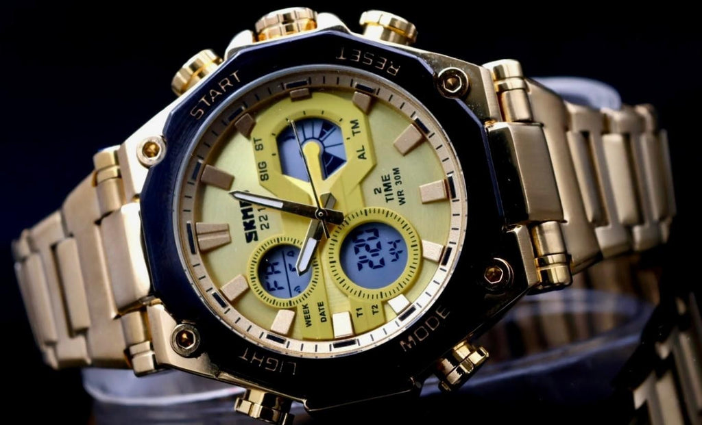 SKM Digital & Analog Herren Männer Uhr  Sportliche Armbanduhr Gold Farben 50mm1