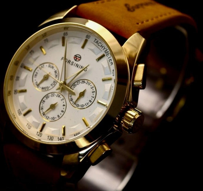 Mega Forsining Herren Männer Automatik Uhr Gold Barun Farben mit Lederarmband1