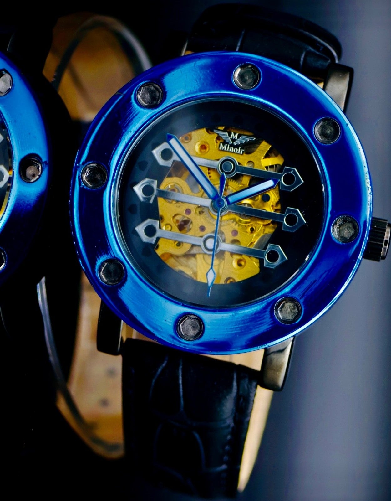 Minoir Herren Uhr Automatik Armbanduhr Blau Schwarz Minoir Herrenuhr Lederband0