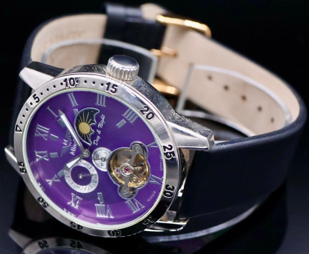 Schicke Herren Uhr Automatik Armbanduhr Minoir Herrenuhr Flieder mit Lederband1