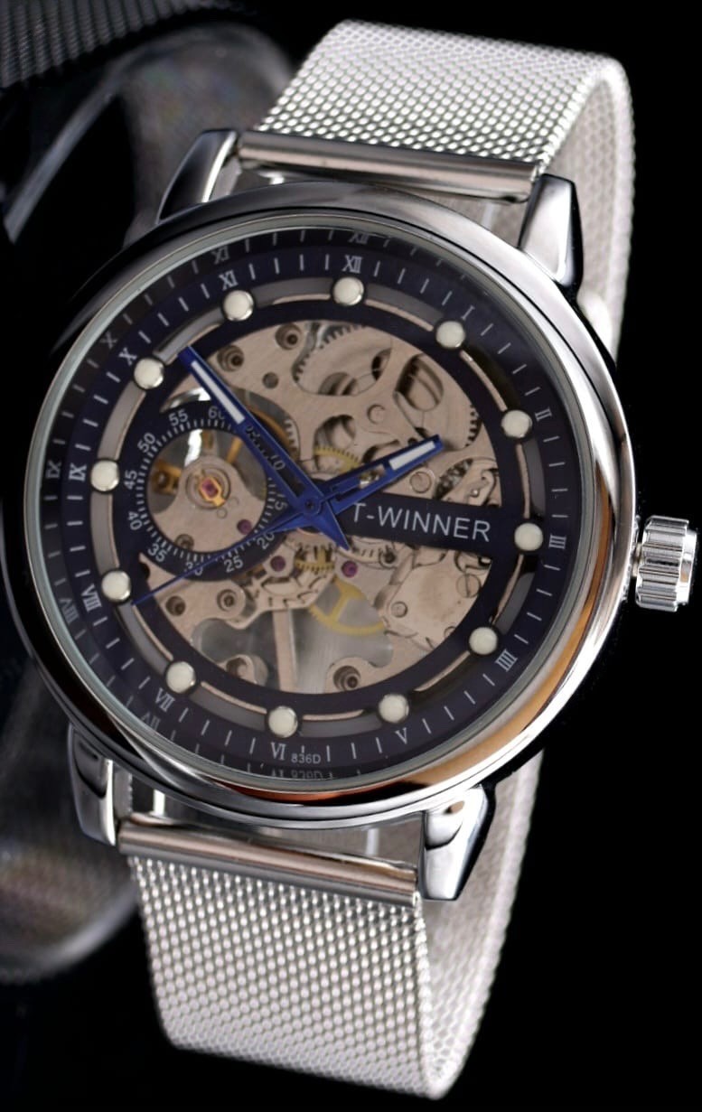 T-Winner Herren Automatikuhr Silber Schwarz Mechanisch Skelett Uhr Luxus Design0