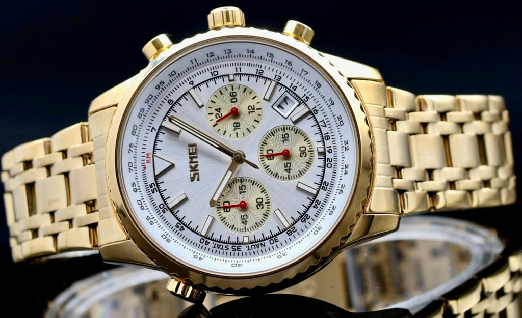 HERRENUHR - SKM - CHRONOGRAPH - STOPPUHR - DATUM - EDELSTAHL - GOLD FARBEN - NEU1