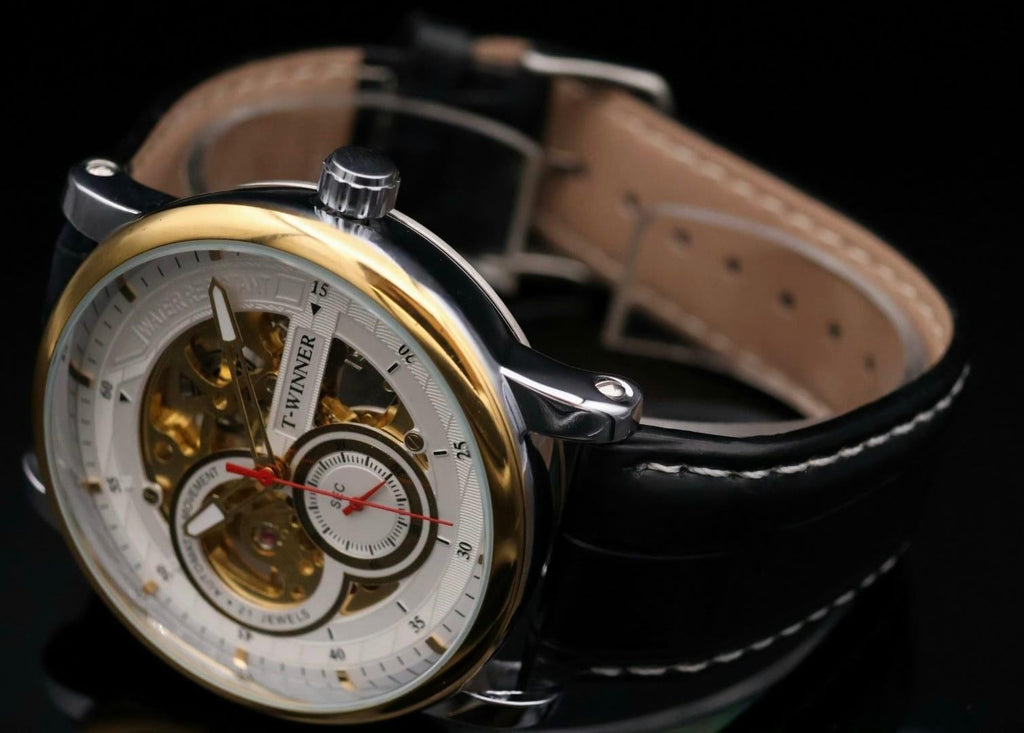 Winner Herren Männer Uhr Automatik Armbanduhr Weiß Schwarz Farben, offene Unruh1