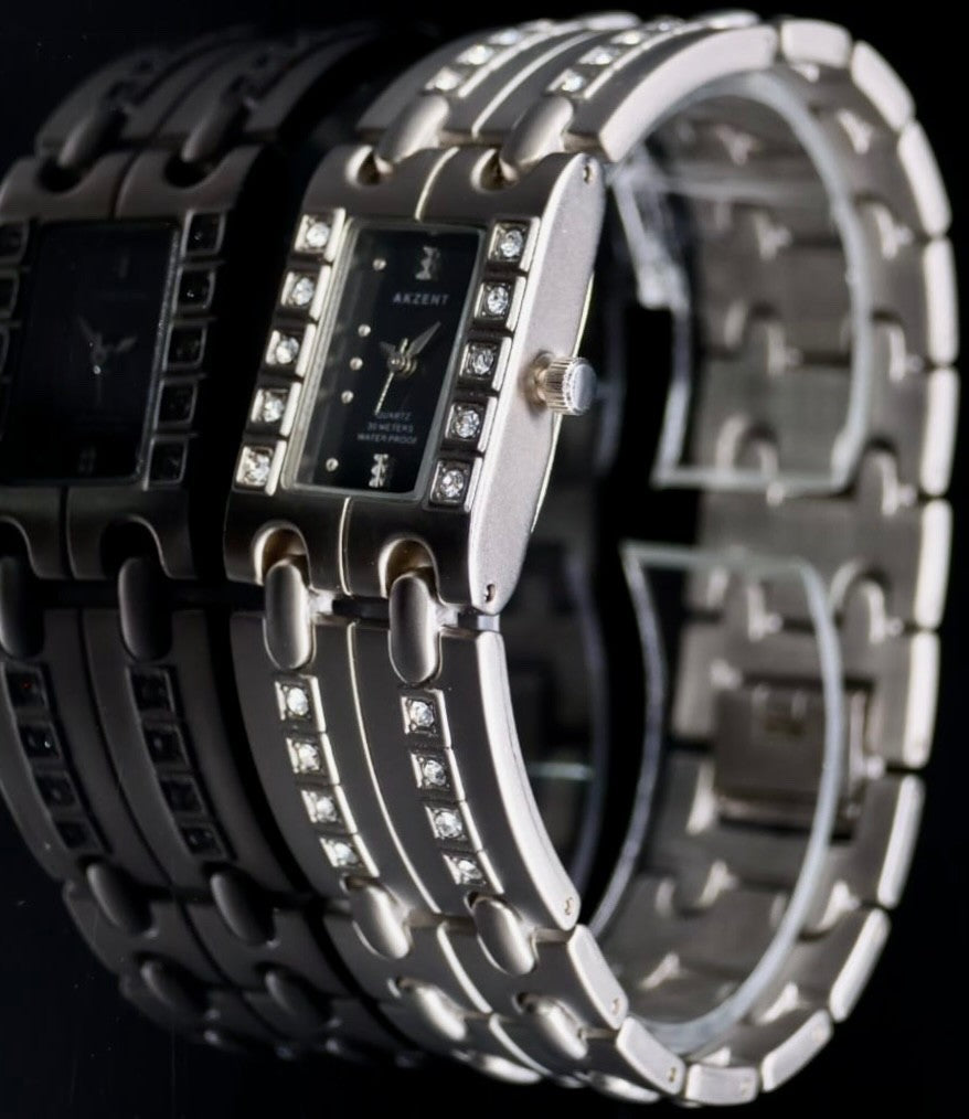 Akzent Elegante Damen Armband Uhr Schwarz Silber Farben Damenuhr Strass1